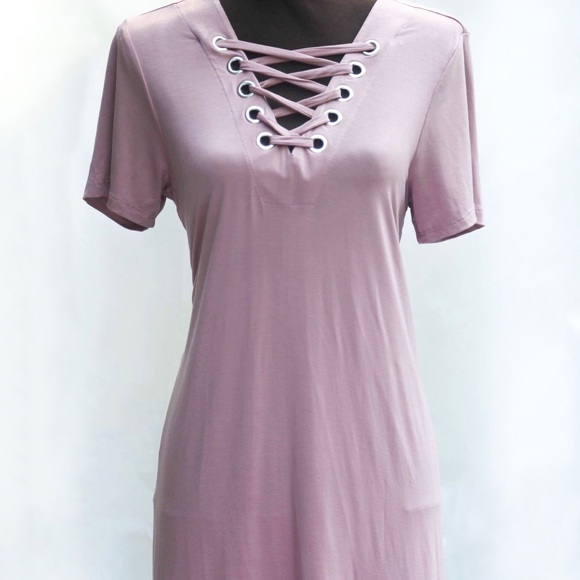 1 left - Pink Short Sleeve Lace Up Dress - Picture 3 of 4